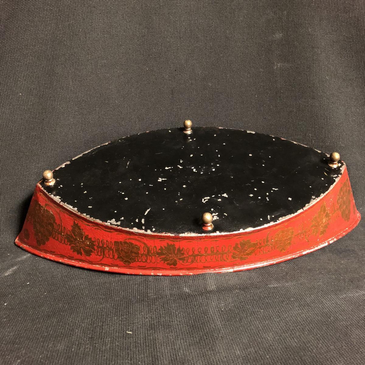 Large Basket Shape Navette Nineteenth Tole Painted Red And Gold Tray-photo-3