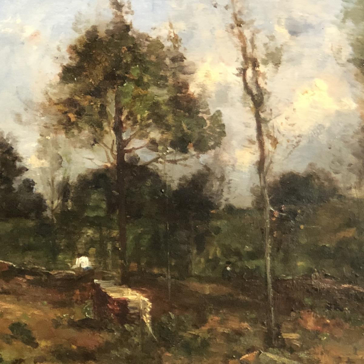Louis Aimé JAPY 1840-1916 Deux personnages en sous-bois 1869 Ecole de Barbizon-photo-2