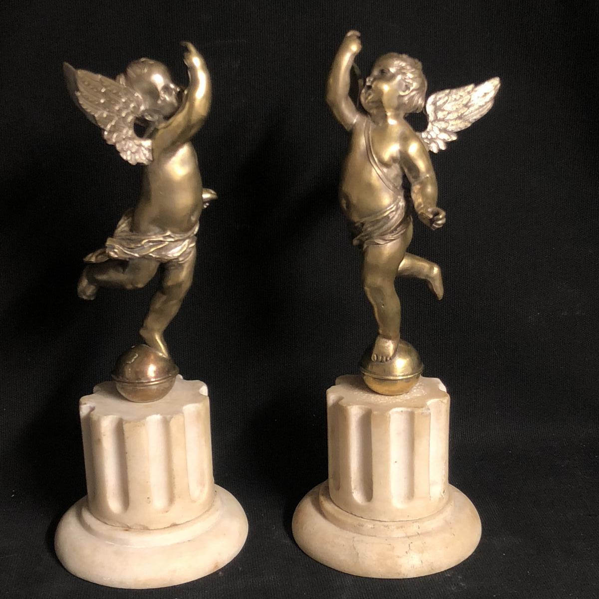 PAIRE D'ANGES en bronze sur colonnes en marbre LOUIS XVI 32,5 cm