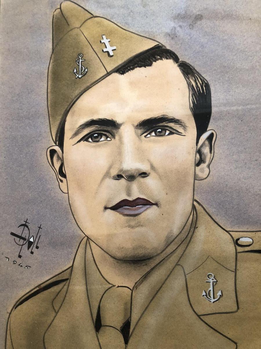 L. DOLL 1945 BEAU MARIN pastel et aquarelle homme militaire-photo-1