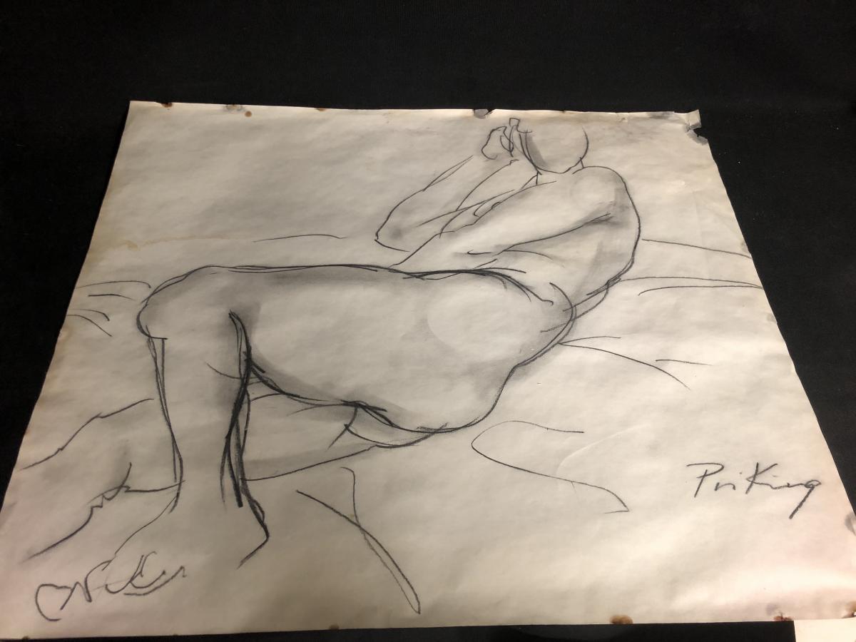 Grand DESSIN FUSAIN Franz PRIKING 1929-1978 NU signé-photo-3