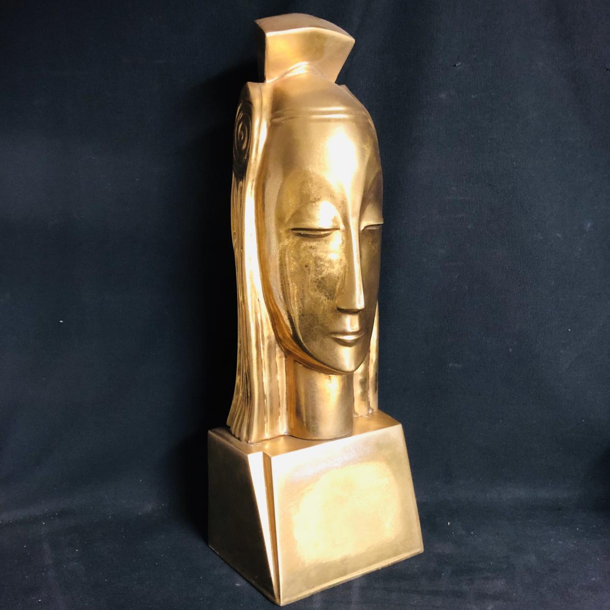 Gustave MIKLOS 1888-1967 (dans le gout) Tete de reine 59 cm en céramique dorée