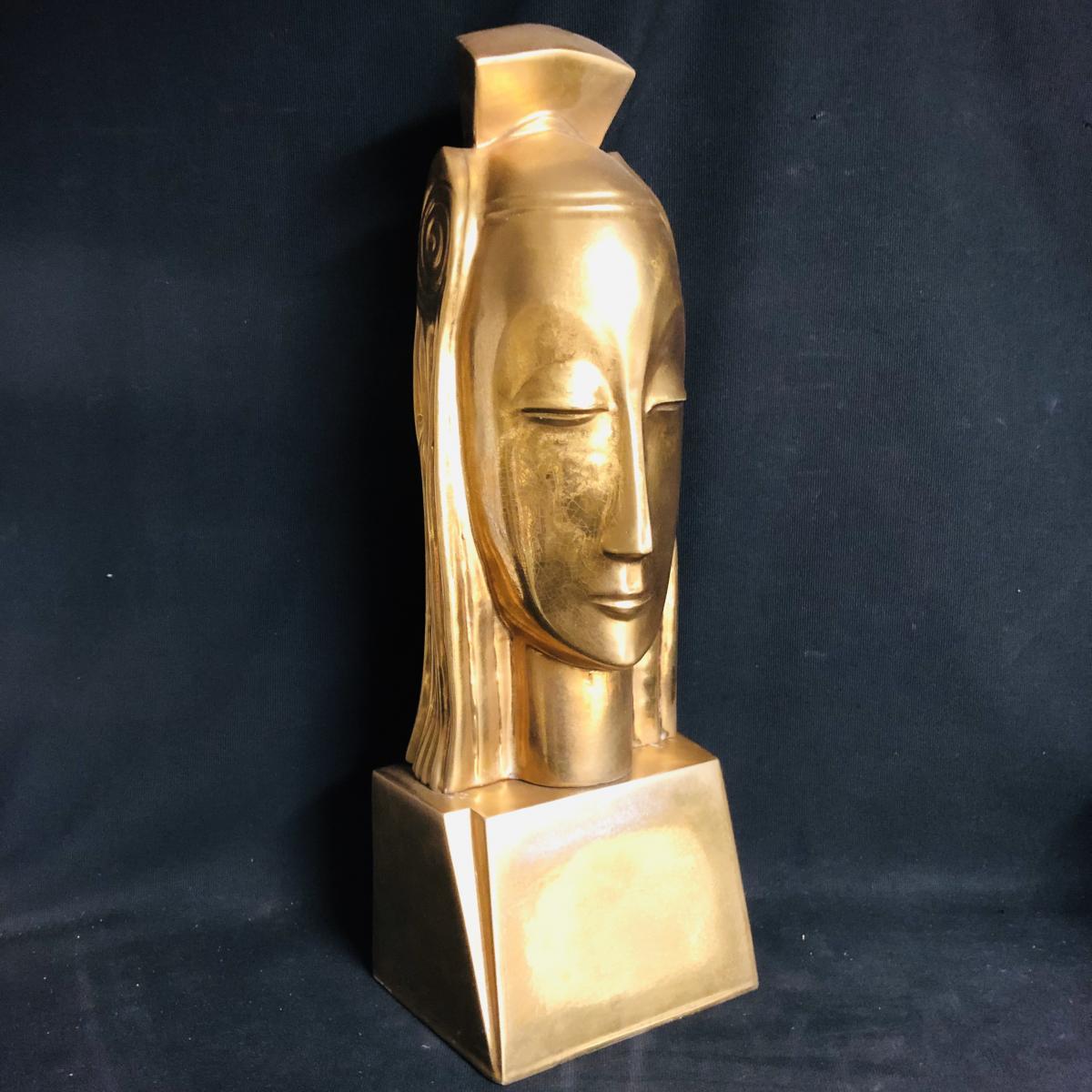 Gustave Miklos 1888-1967 (awarded) Queen Head 59 Cm Golden Ceramic