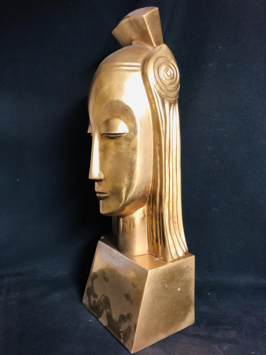 Gustave Miklos 1888-1967 (awarded) Queen Head 59 Cm Golden Ceramic-photo-2