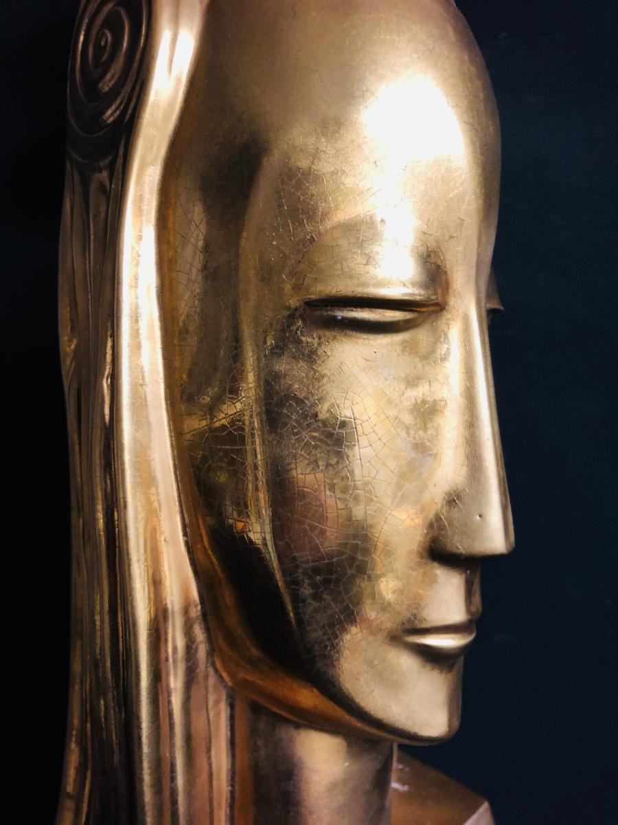 Gustave Miklos 1888-1967 (awarded) Queen Head 59 Cm Golden Ceramic-photo-3