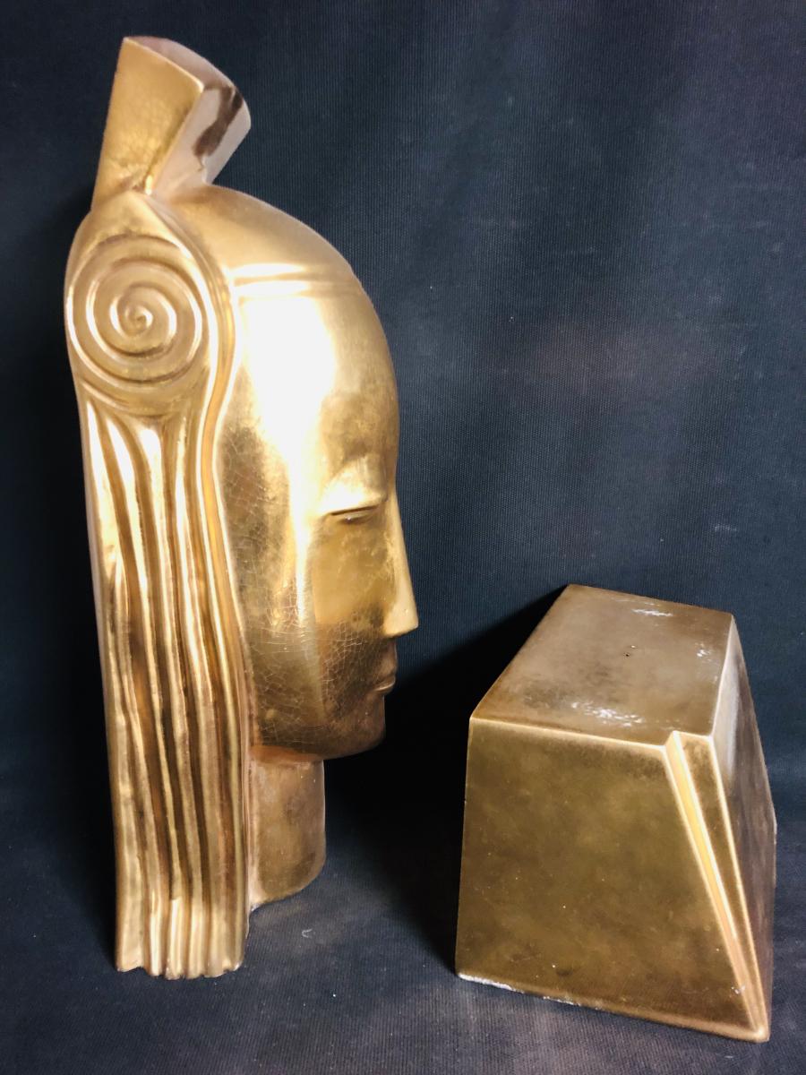 Gustave MIKLOS 1888-1967 (dans le gout) Tete de reine 59 cm en céramique dorée-photo-4