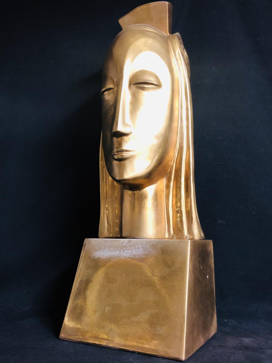 Gustave Miklos 1888-1967 (awarded) Queen Head 59 Cm Golden Ceramic-photo-2