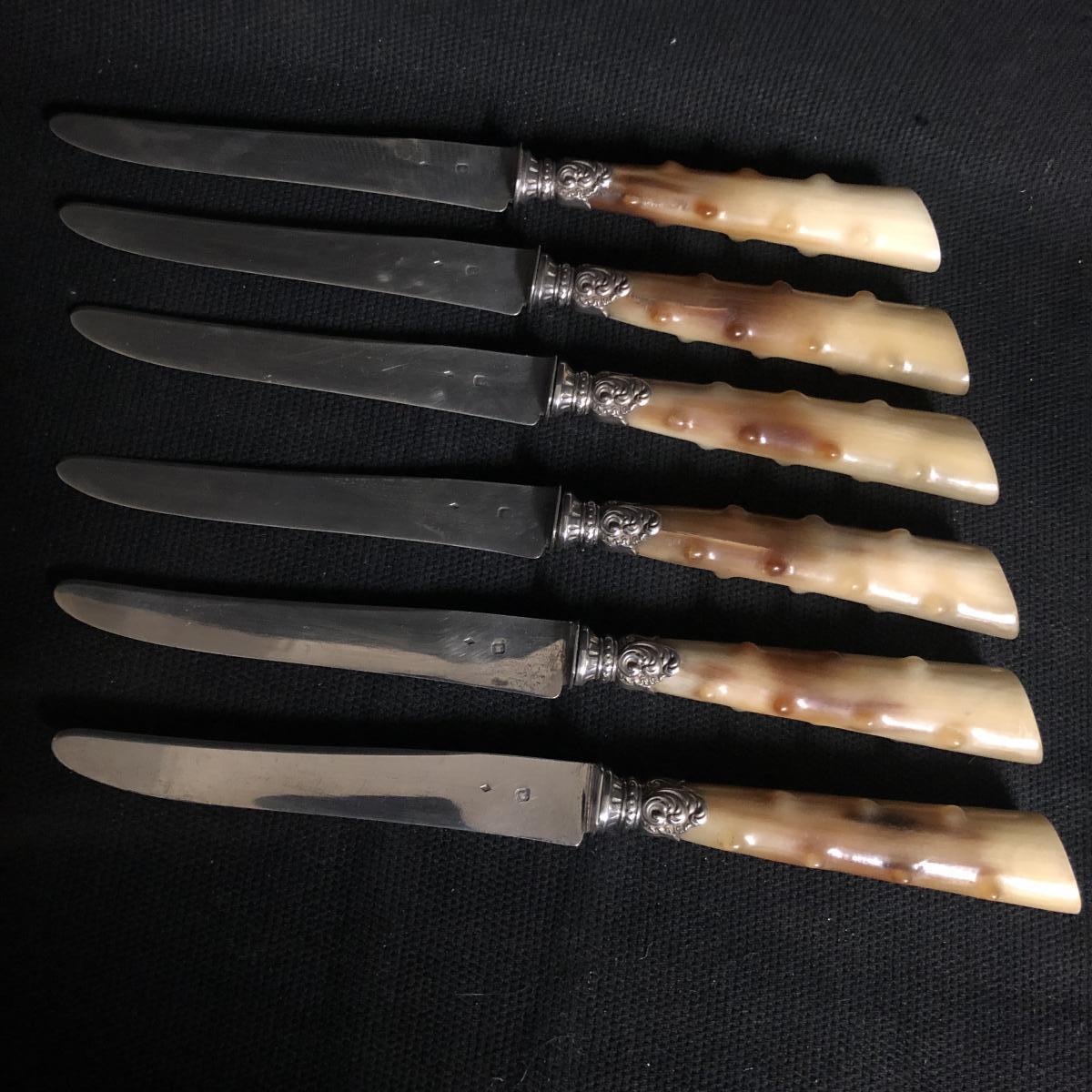 6 COUTEAUX à dessert lames argent et manches corne en TBE