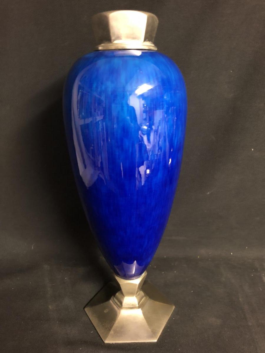 Paul MILET 1870-1950 à Sèvres attribué Grand vase Art Deco en céramique et bronze argenté 1930-photo-5