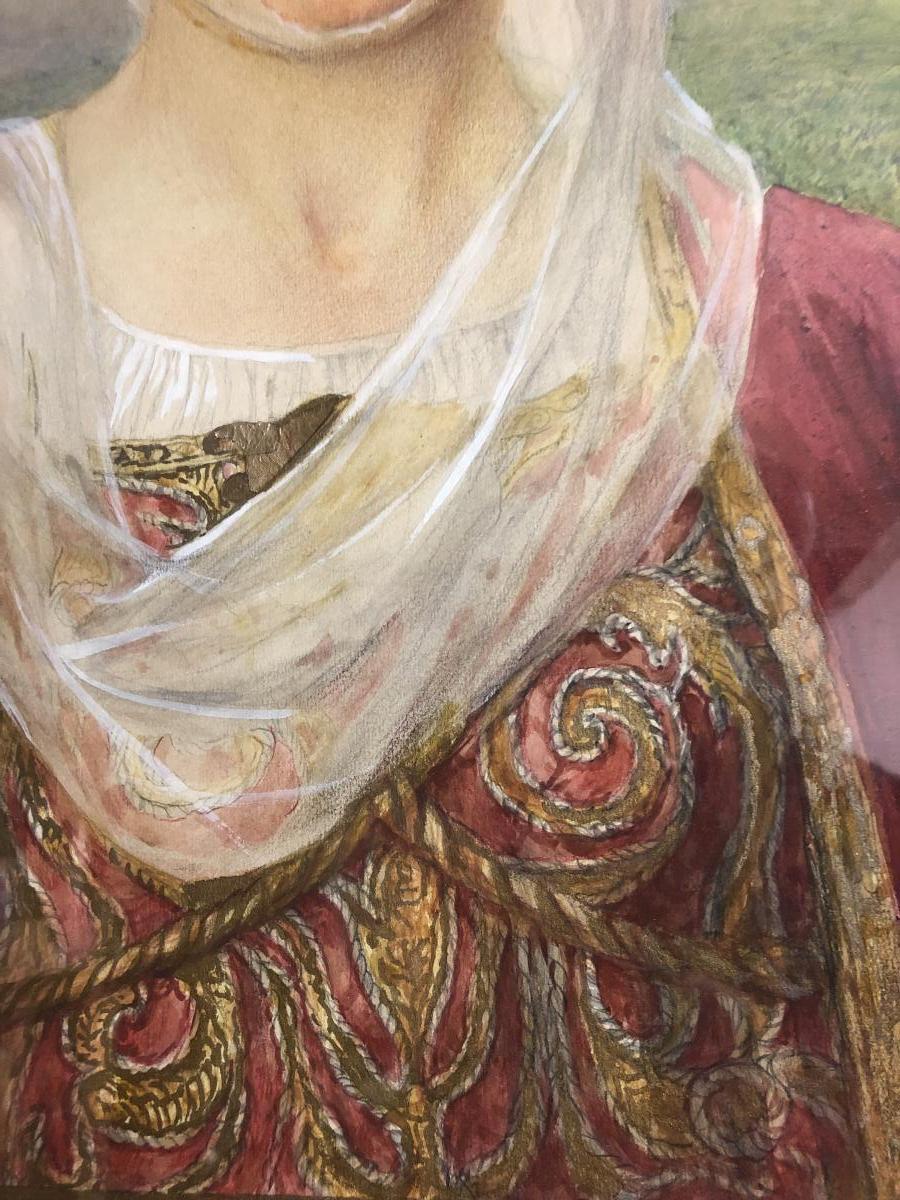 Elisabeth SONREL grande aquarelle Préraphaélite Jeune femme en costume Breton Art Nouveau-photo-1