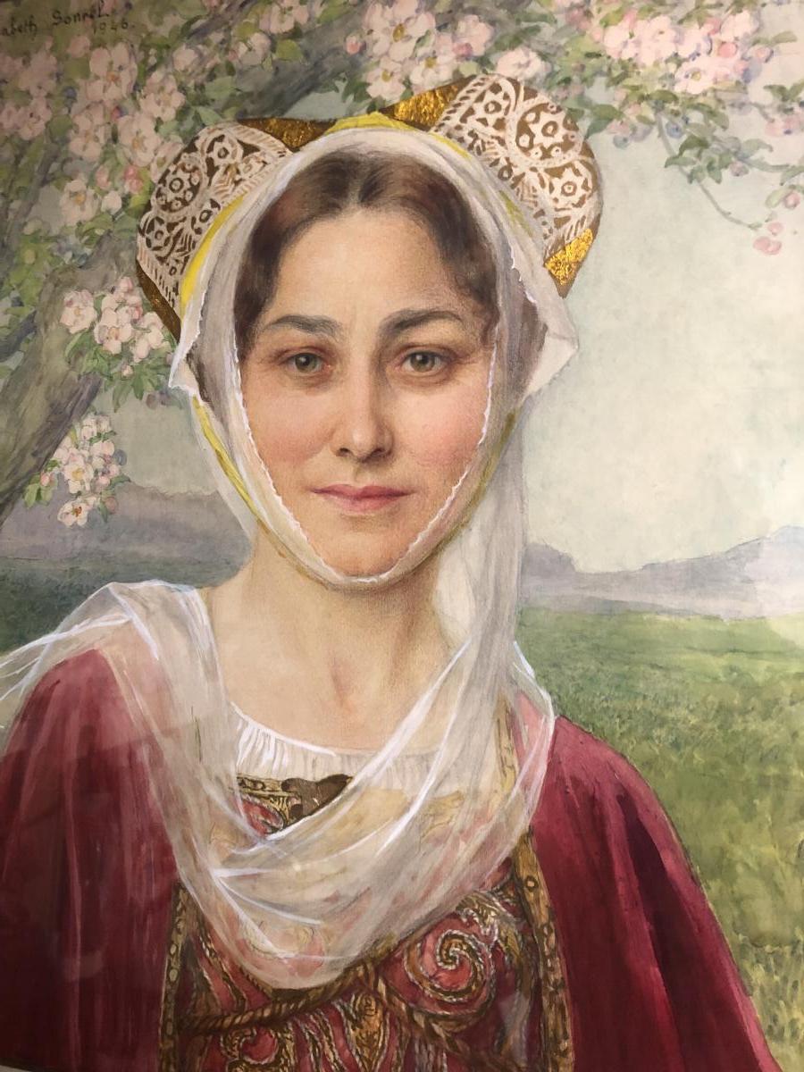 Elisabeth SONREL grande aquarelle Préraphaélite Jeune femme en costume Breton Art Nouveau-photo-8
