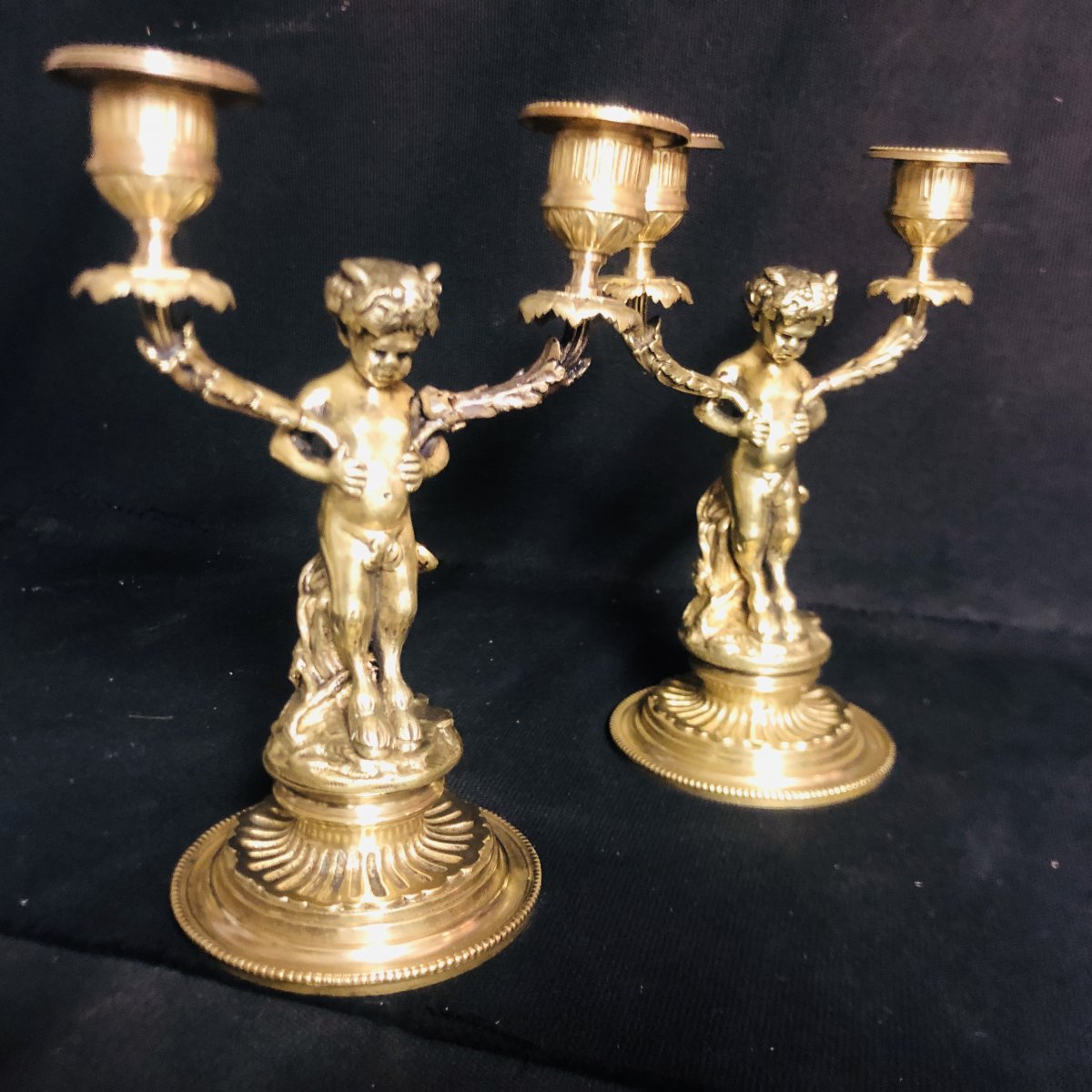 Pair Of Small Bougeoirs Nineteenth Attributed To Henry Dasson Gilded Bronze Young Faunas Putti-photo-2