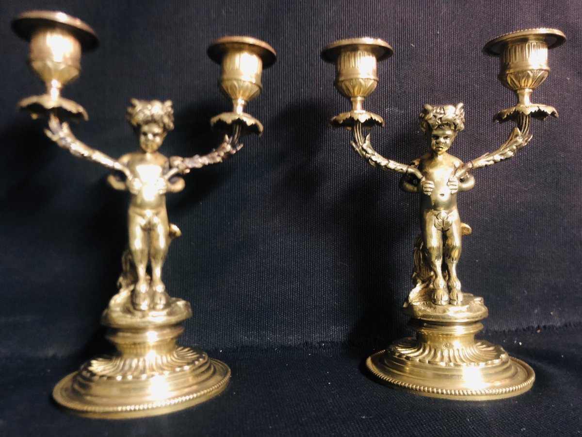 Pair Of Small Bougeoirs Nineteenth Attributed To Henry Dasson Gilded Bronze Young Faunas Putti-photo-4