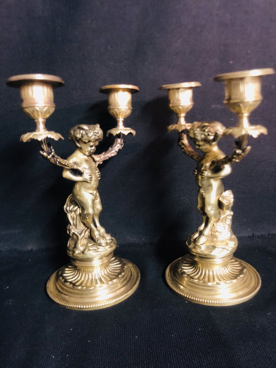 Pair Of Small Bougeoirs Nineteenth Attributed To Henry Dasson Gilded Bronze Young Faunas Putti-photo-2