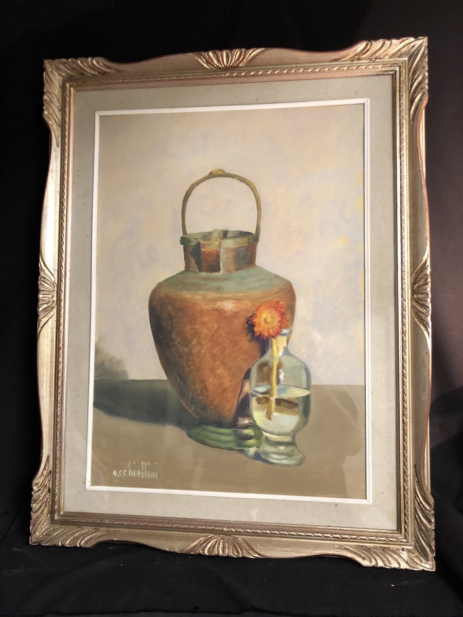 Angelo Cesare Chiellini Large Oil On Canvas Still Life Italian Artist Livorno Tuscany 2-photo-2