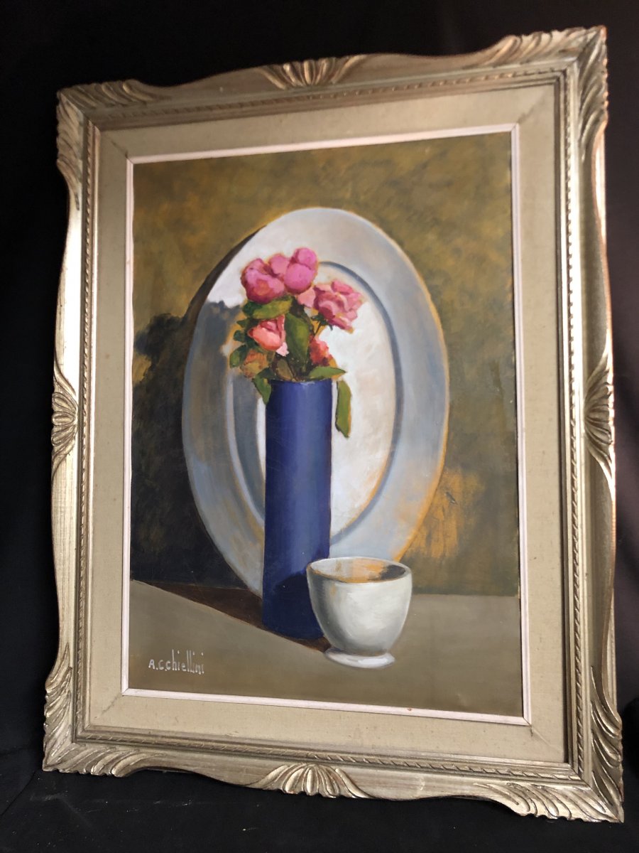 Angelo Cesare Chiellini Large Oil On Canvas Still Life Italian Artist Livorno Tuscany 2-photo-4