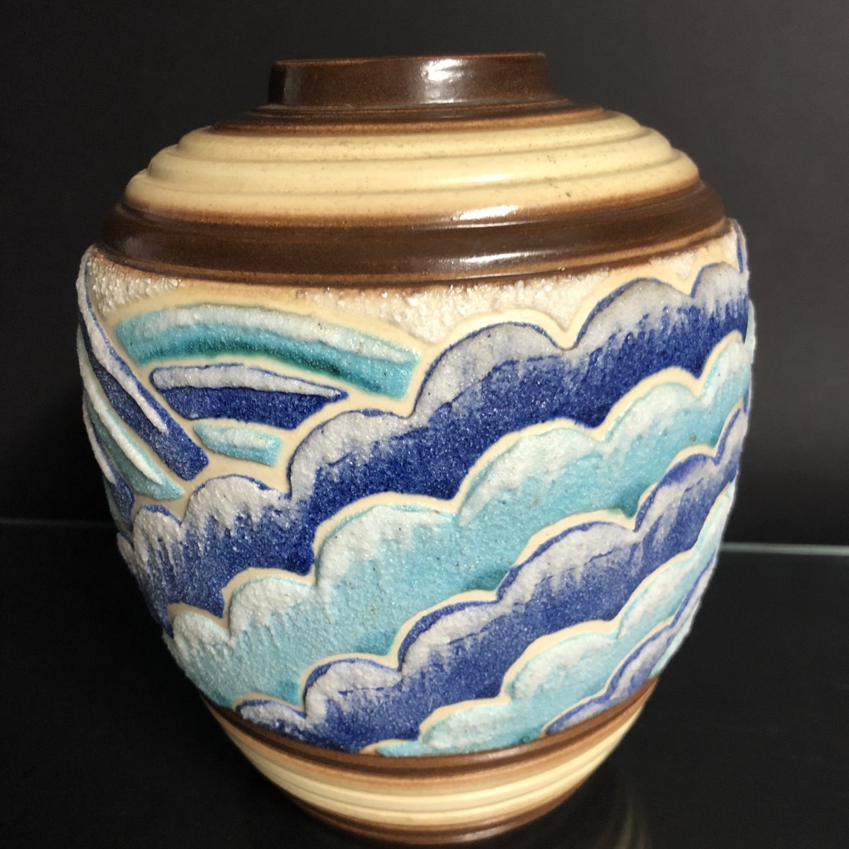 Louis Auguste DAGE 1885-1961 rare vase Art Deco Decor de vagues en relief émaux bleus-photo-3