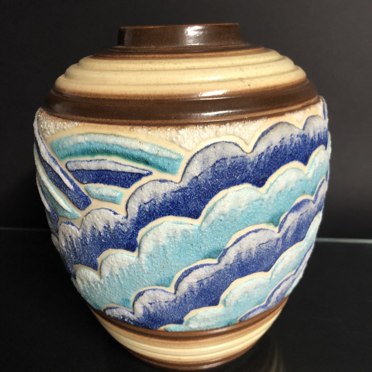 Louis Auguste Dage 1885-1961 Rare Art Deco Vase Decor Waves Embossed Blue Enamels-photo-3