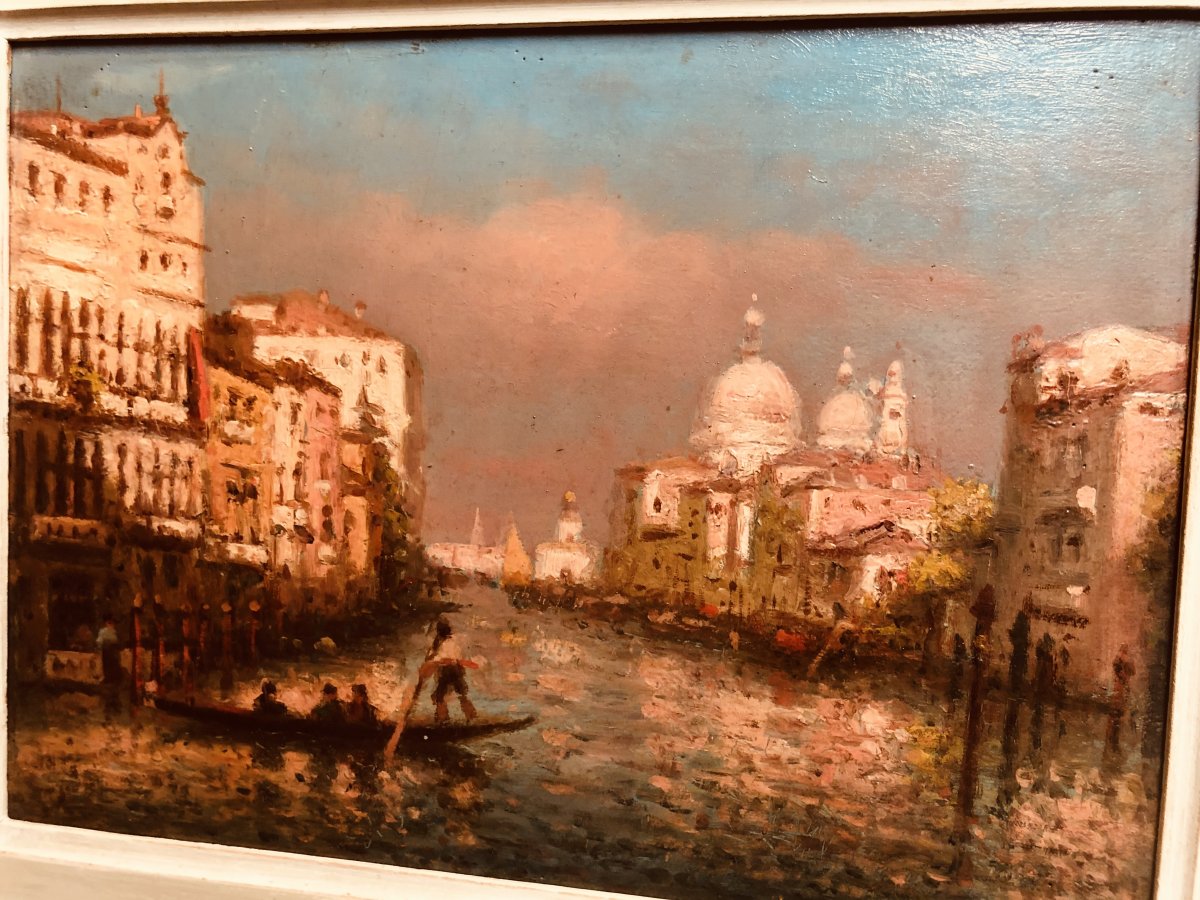 Joachim MIRO XIXe XXe Huile sur panneau VENISE Vue de la Salute depuis le Grand Canal gondole-photo-3