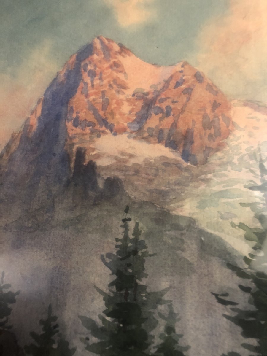 Edouard Brun 1860-1935 Glacier Eiger Swiss Alps  Watercolor Massive Mountain-photo-1