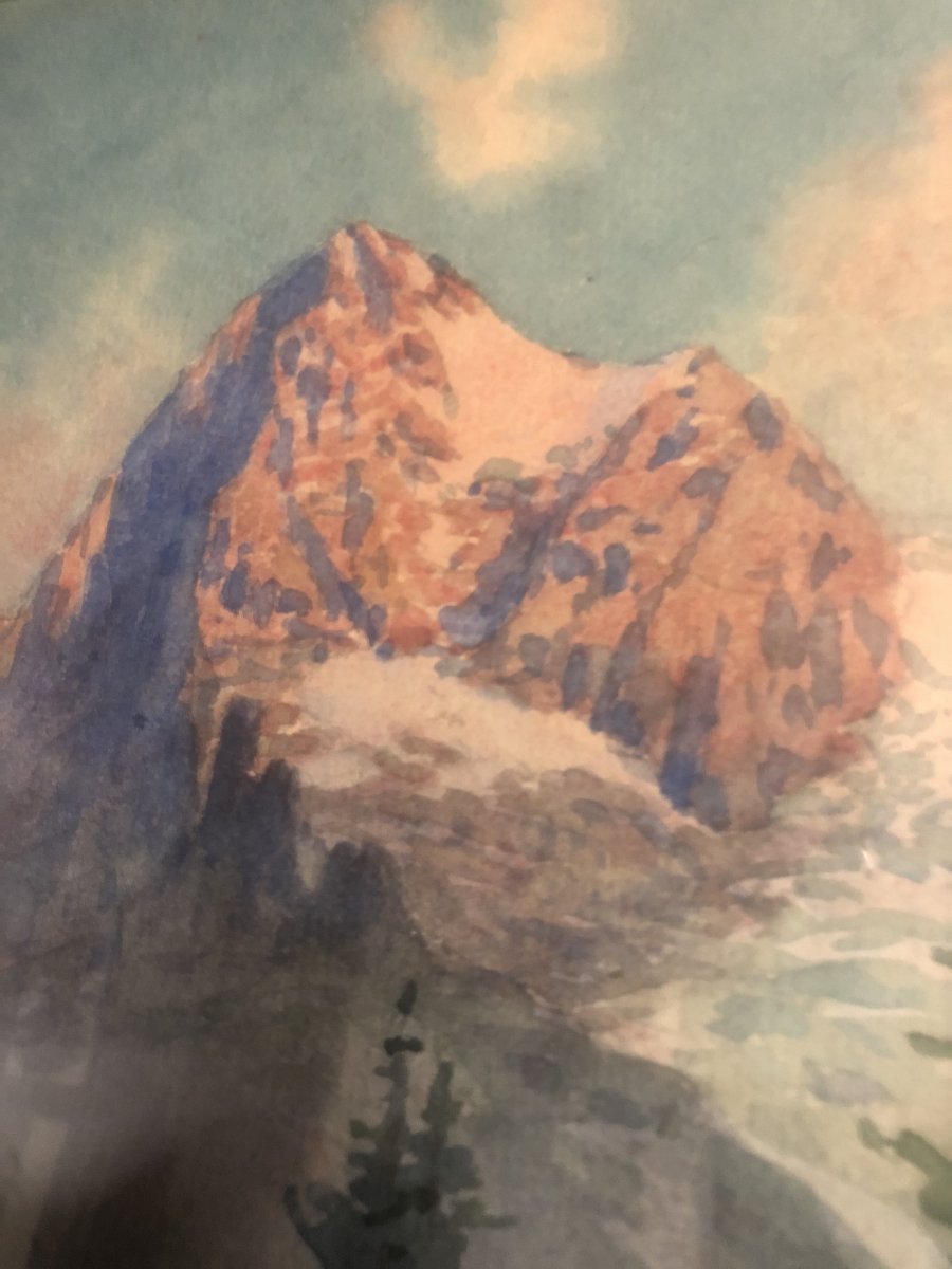 Edouard Brun 1860-1935 Glacier Eiger Swiss Alps  Watercolor Massive Mountain-photo-2