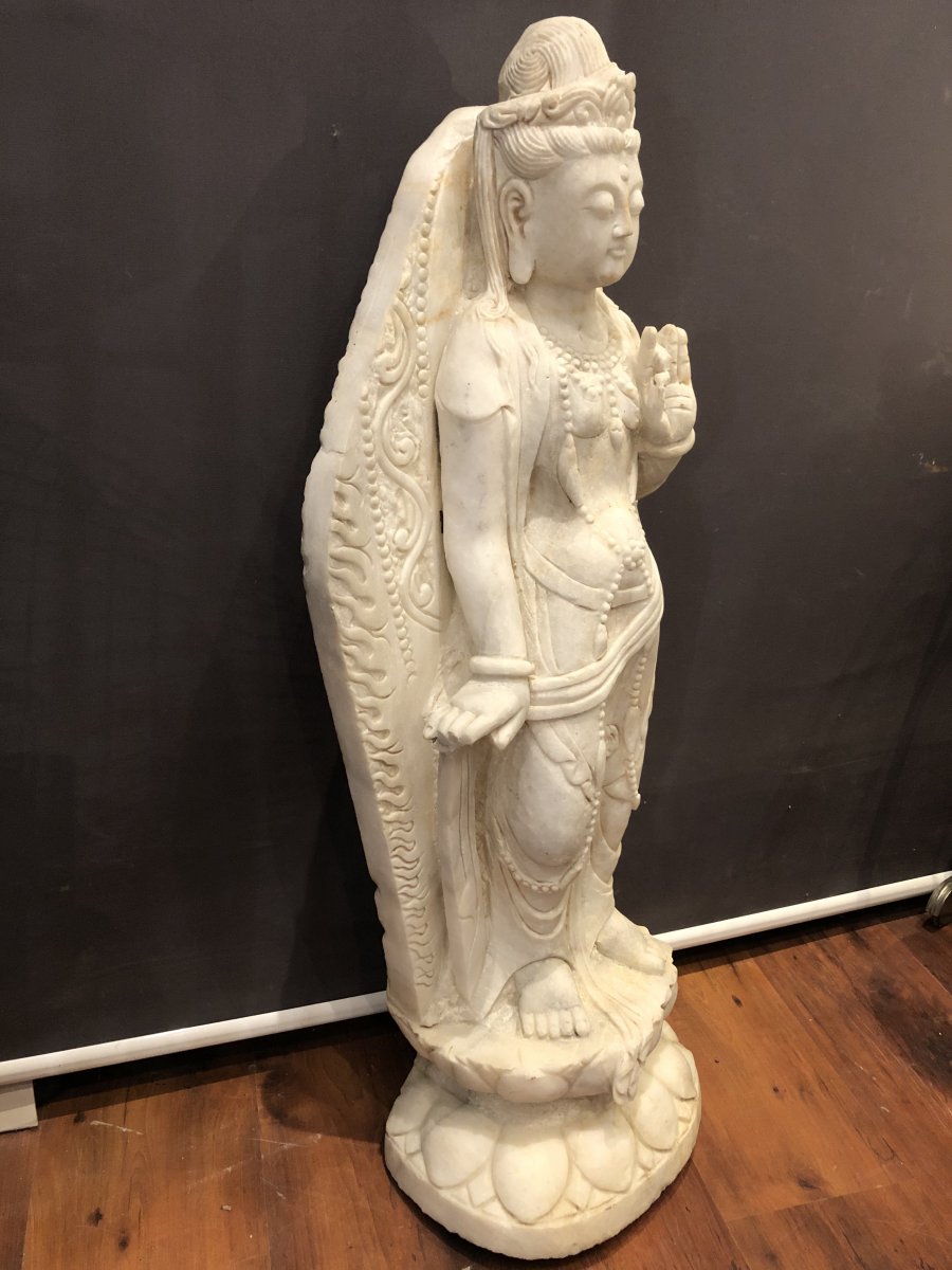 TRES IMPORTANTE SCULPTURE CHINE 91,5 cm Guanyin en marbre blanc style Ming guan yin lotus-photo-4