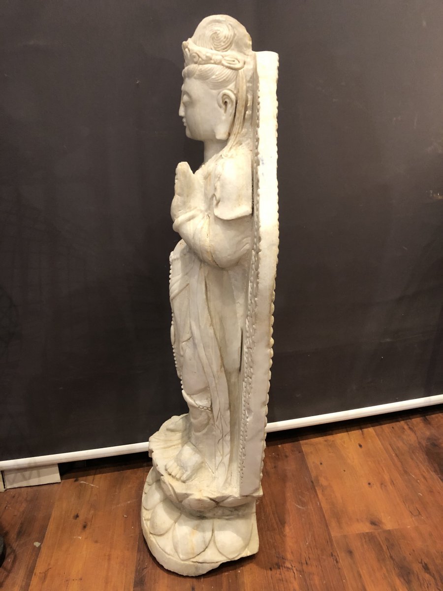 Very Important China Sculpture 91.5 Cm Guanyin In White Marble Ming Style Guan Yin Lotus-photo-1