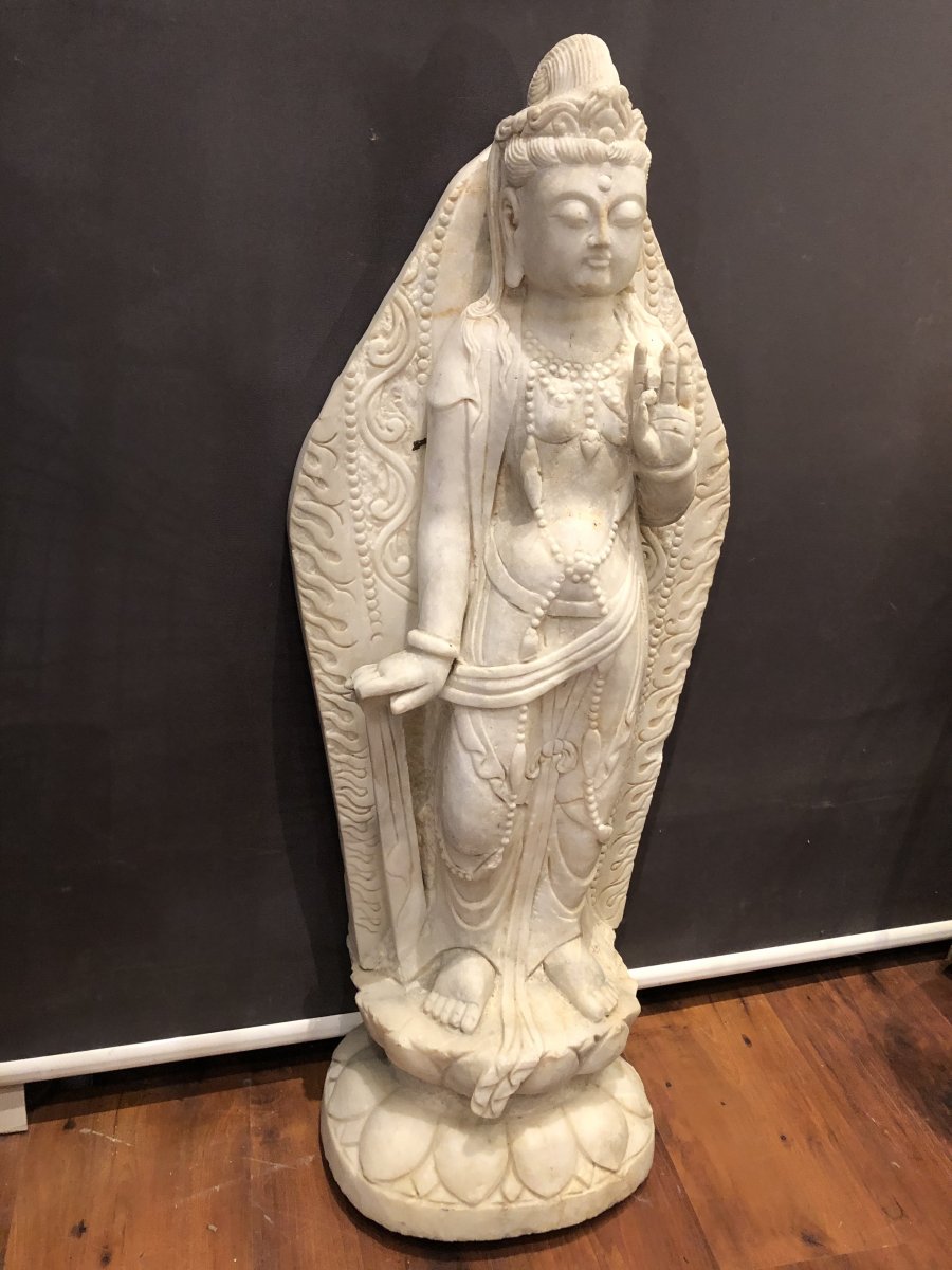 TRES IMPORTANTE SCULPTURE CHINE 91,5 cm Guanyin en marbre blanc style Ming guan yin lotus-photo-7