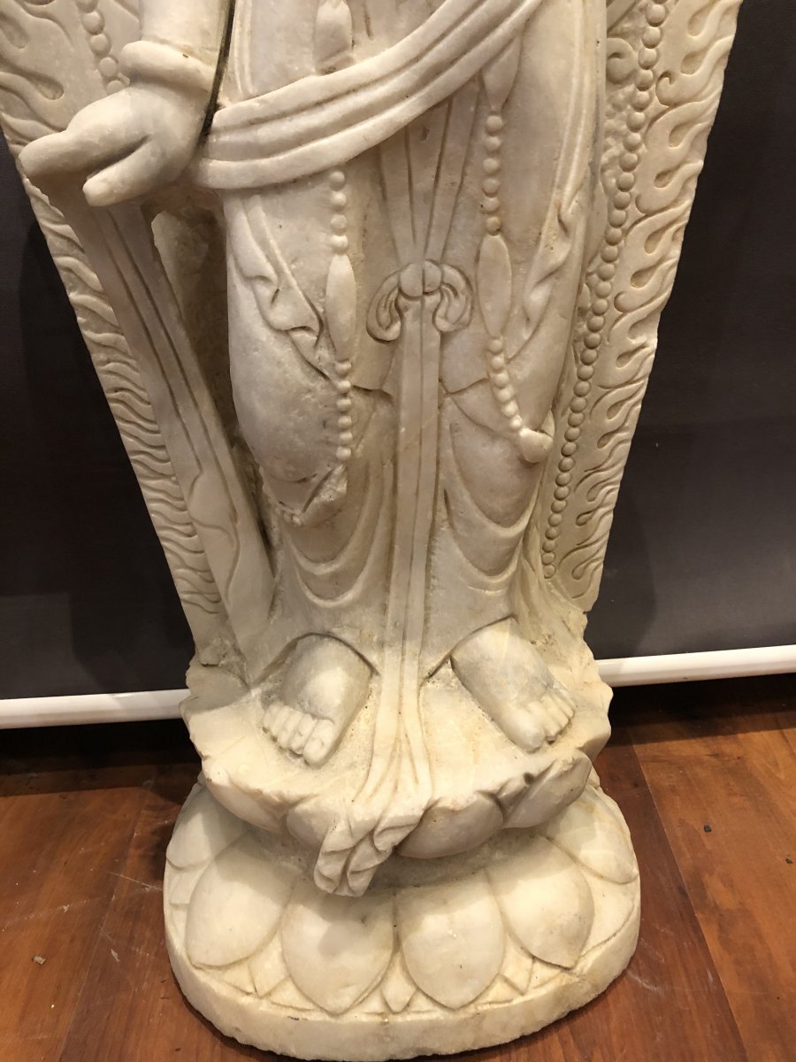 Very Important China Sculpture 91.5 Cm Guanyin In White Marble Ming Style Guan Yin Lotus-photo-8