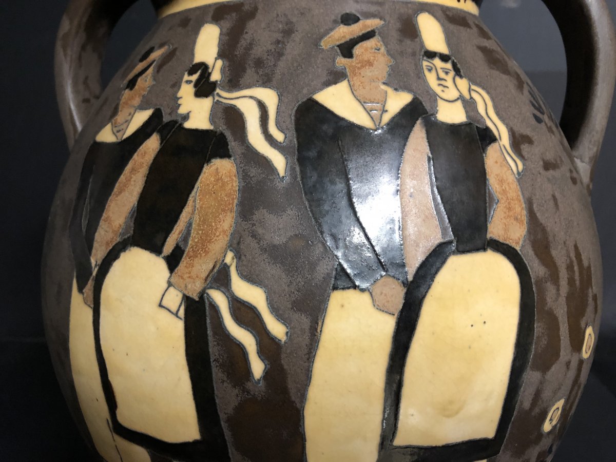 Jules Henriot Odetta Quimper Important Marines And Bigoudenes Vase, Double Sided Tbe Art Deco 1016-photo-3