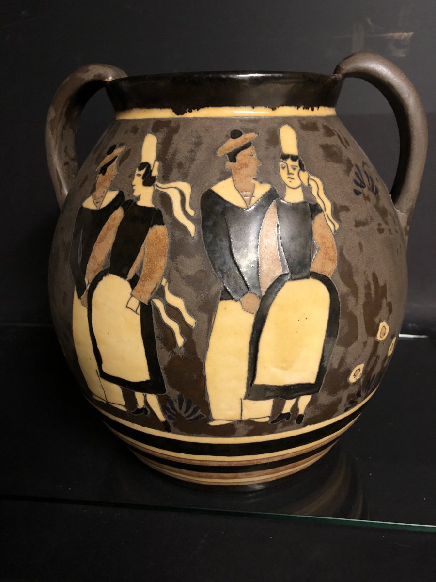 Jules Henriot Odetta Quimper Important Marines And Bigoudenes Vase, Double Sided Tbe Art Deco 1016-photo-6