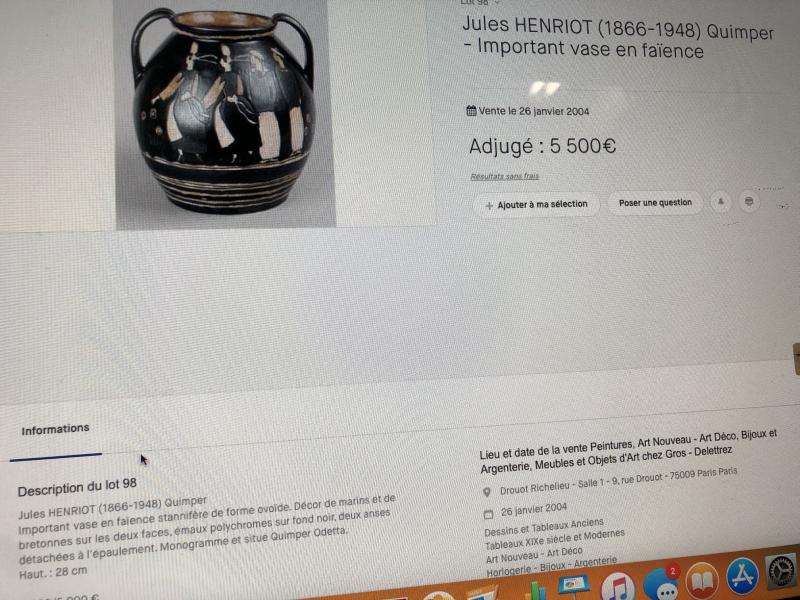 Jules HENRIOT ODETTA Quimper IMPORTANT vase Marins et bigoudènes double face TBE Art Deco 1016-photo-7