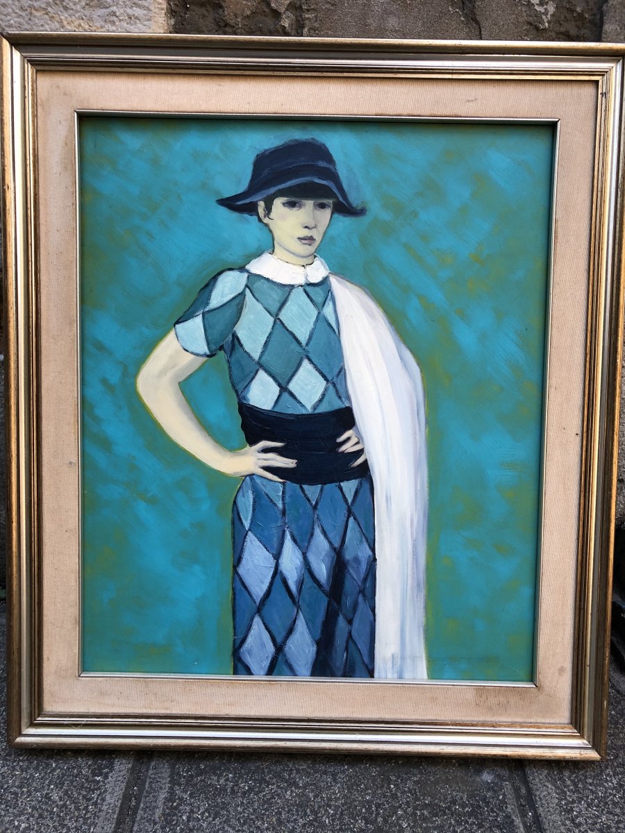 Michel Guerin 1940-2013 Large Oil On Arlequin Blue Panel Harlequin-photo-2