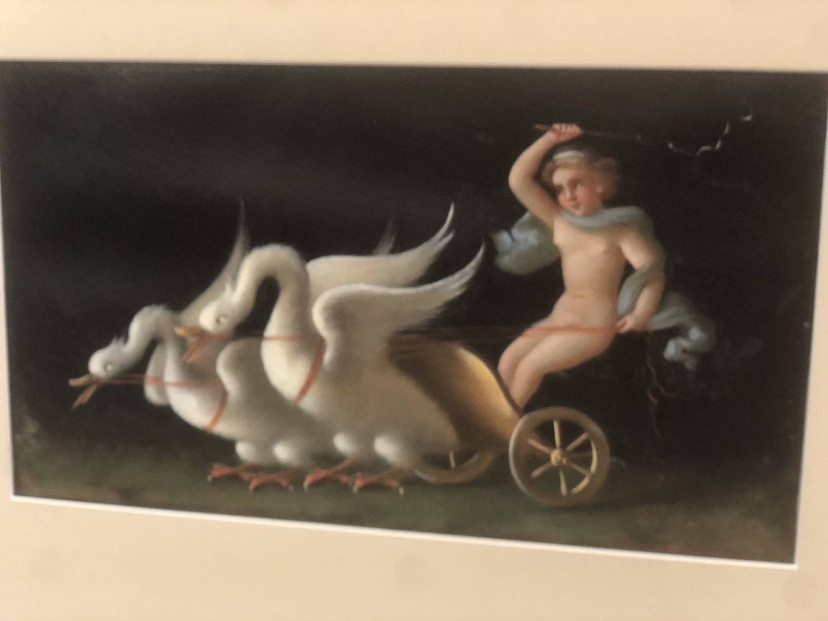 Large Pair Of Gouaches XIX Pompei Signed d'Ambrosio Naples Angel Putti And Gouache Swans-photo-2