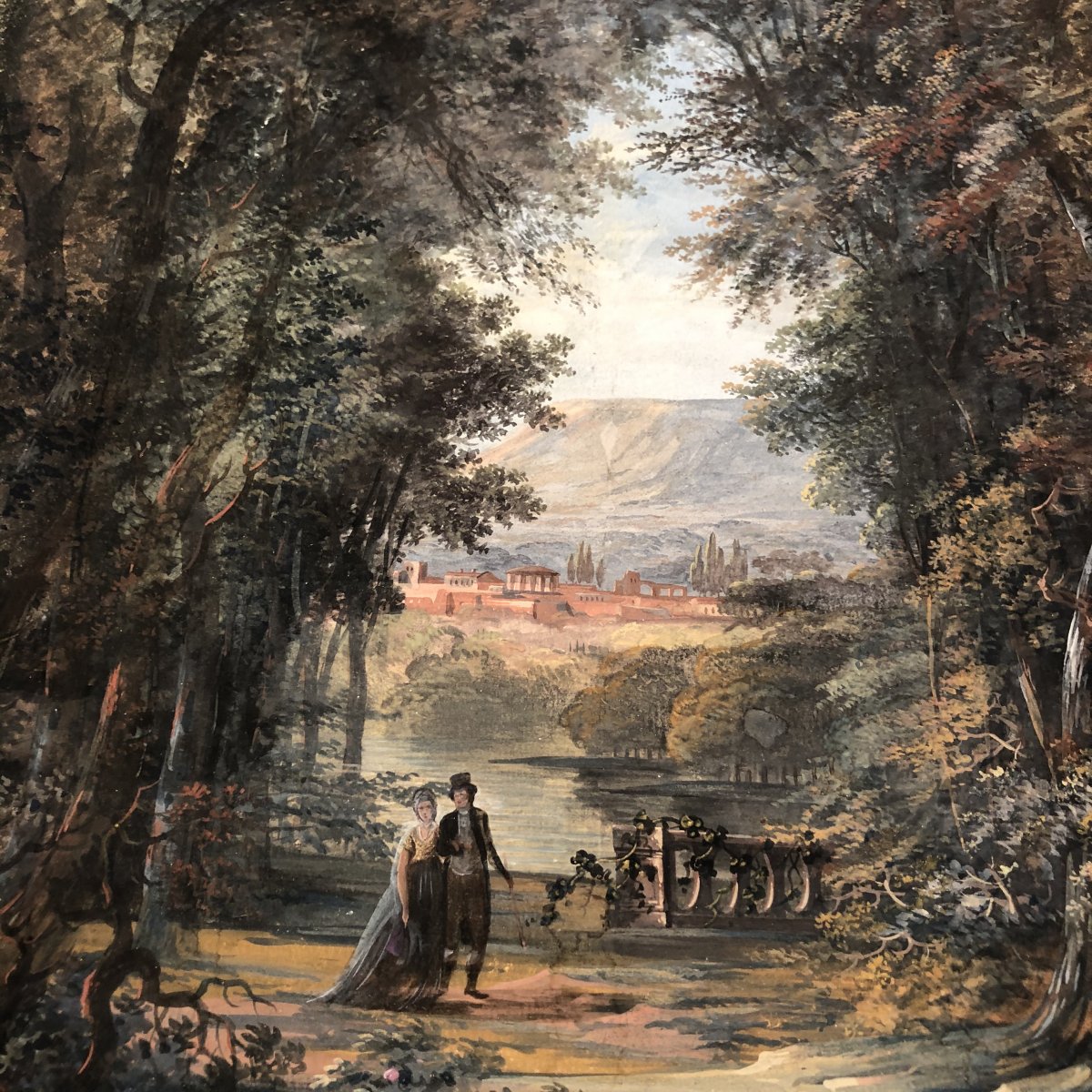 Large Watercolor XIXth Couple In A Park Roman Ruins In The Background