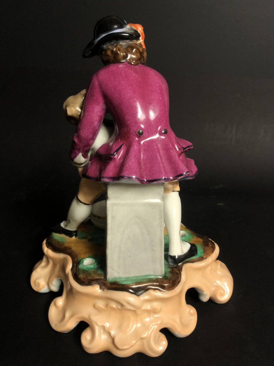 RARE encrier XIXe Le chat botté en porcelaine polychrome Paris-photo-3