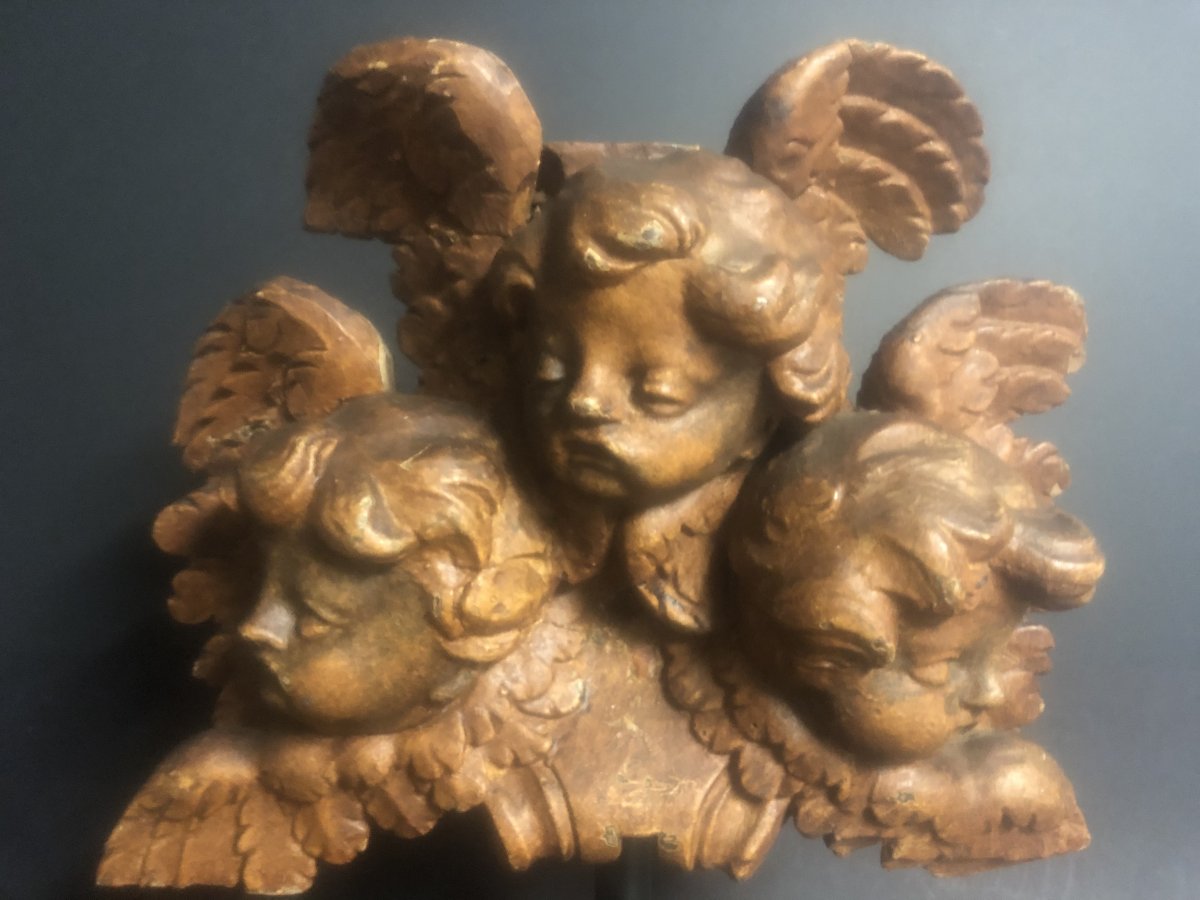 Group Of 3 Wooden Angels, 18th Century, Putti, 18th Century Angel-photo-2