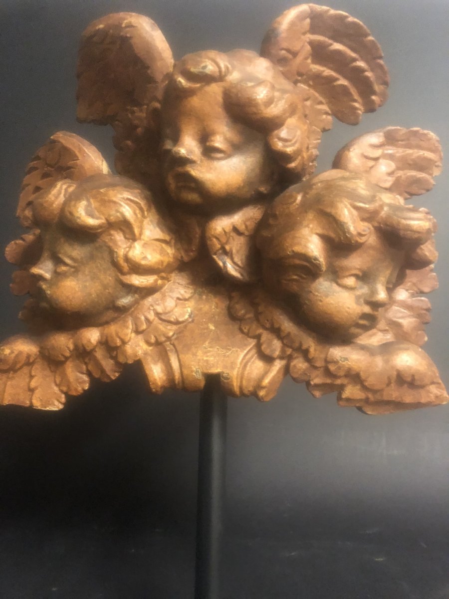 Groupe de 3 anges en bois XVIIIe soclé putti ange 18e-photo-4