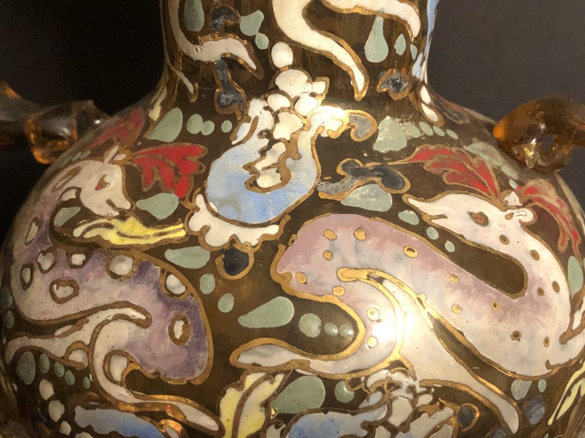 José Cire Royo Signed Vase In Enamelled Glass In The Taste Of The Orient Spain-photo-2