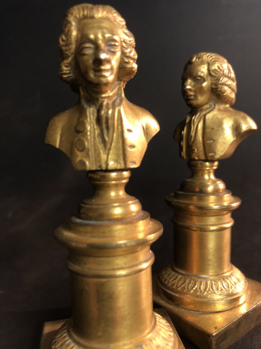 VOLTAIRE et ROUSSEAU Paire de bustes en bronze doré milieu XIXe -photo-4