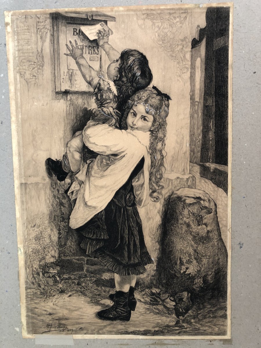 Alfred HOPP XIXe Fusain et gouache de 1887 : 2 fillettes à la boîte aux lettres La Poste-photo-2