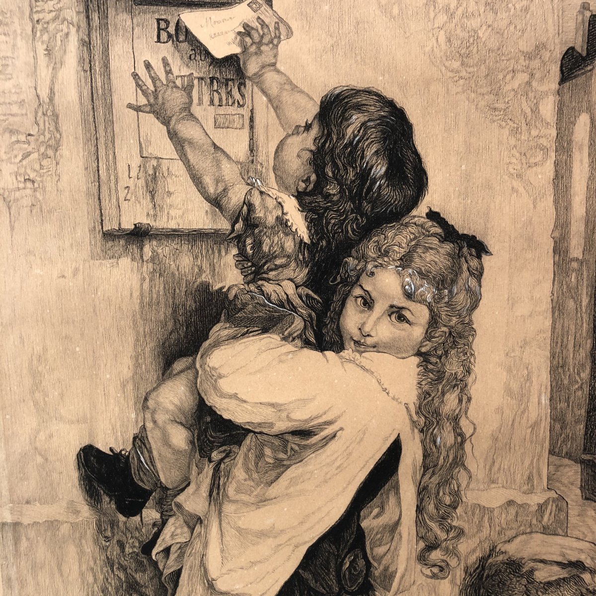 Alfred Hopp 19th Charcoal And Gouache From 1887: 2 Girls In The La Poste Letterbox-photo-7