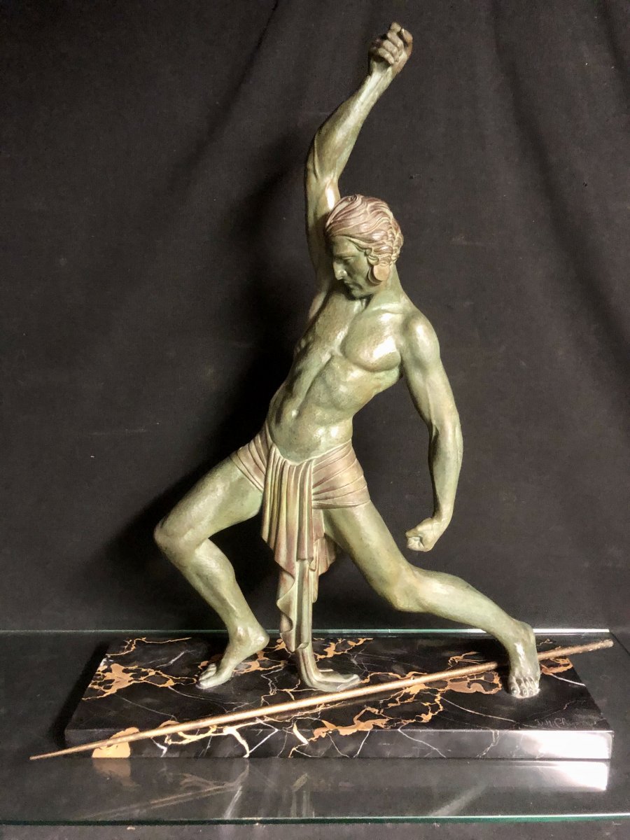 Dh Chiparus 1886-1947 Important Sculpture Hunter With Javelin 85 Cm Spelter With Nuanced Patina-photo-4