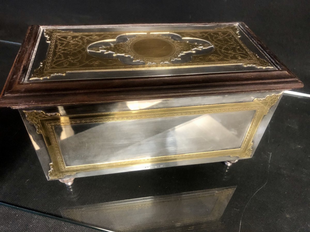 Chrstofle France Rare Jewelry Box In Silver, Gold And Rosewood Signed-photo-5