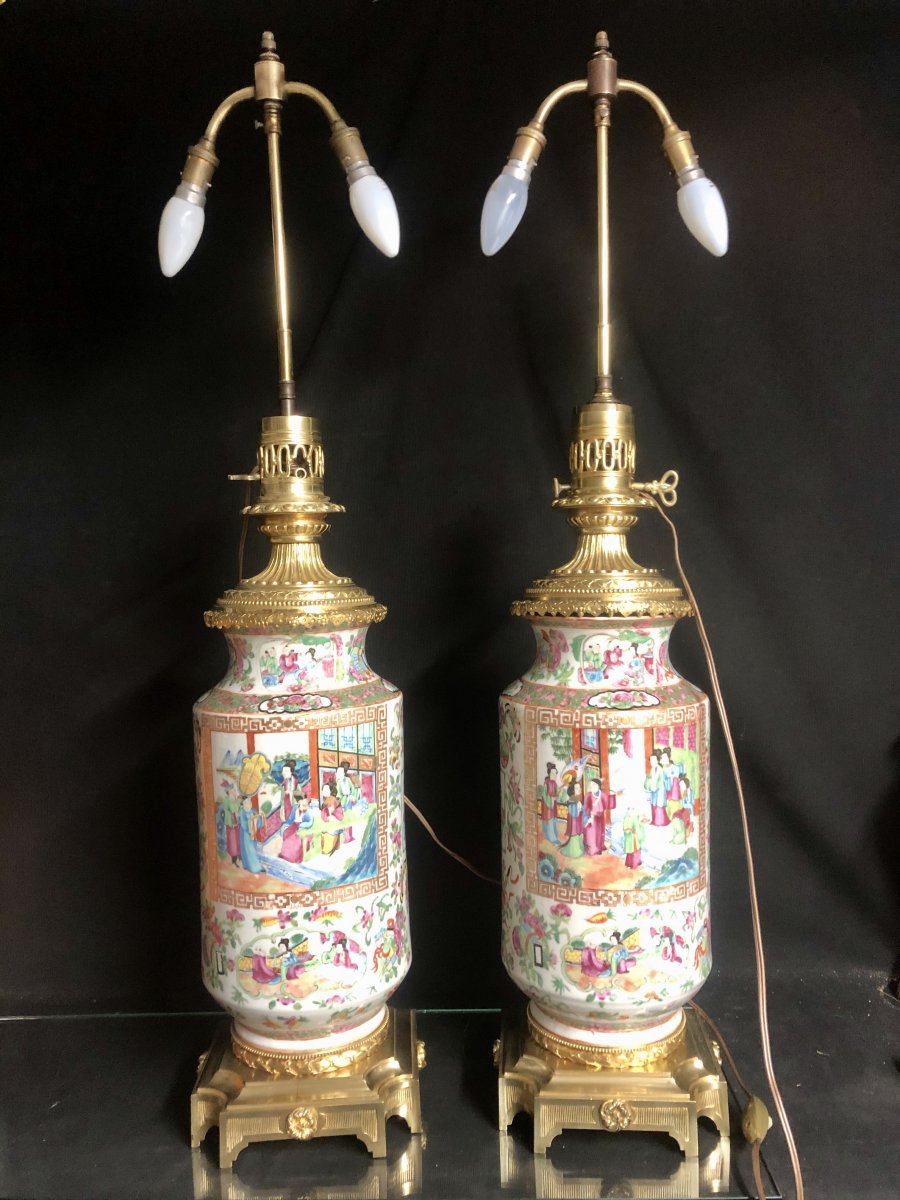 Canton China XIXth Large Pair Of Lamps 90 Cm Maxi Porcelain And Bronze In Very Good Condition-photo-2