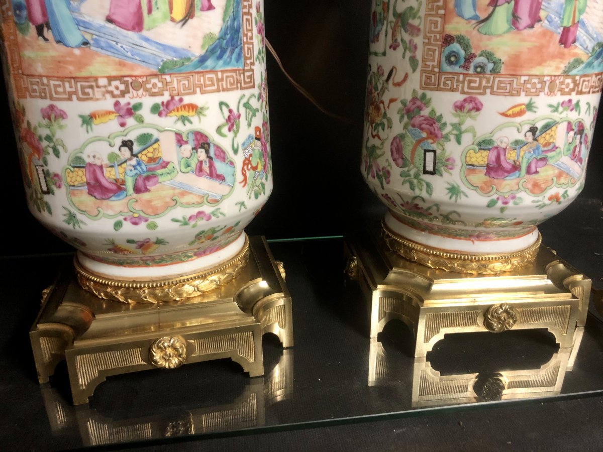 Canton China XIXth Large Pair Of Lamps 90 Cm Maxi Porcelain And Bronze In Very Good Condition-photo-2