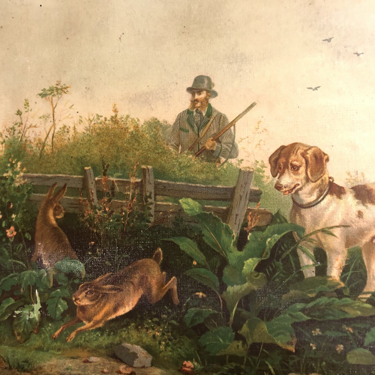 Hunt Hare Chromolithography XIXth Hunter And Dog