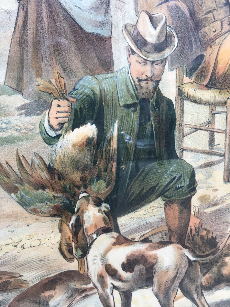 Large Lithographic Poster XIXth Retour De Chasse Signed Lenfer And Camis Printer Hunter-photo-2