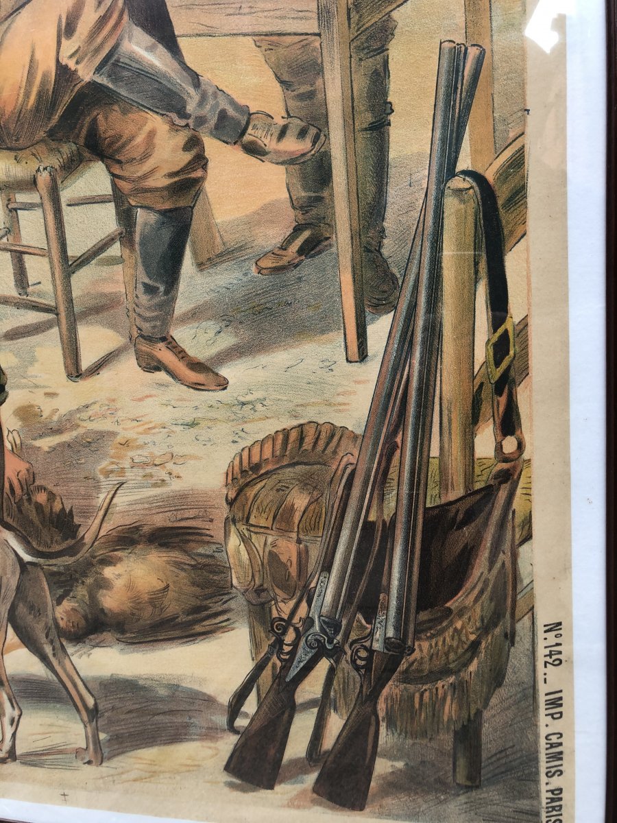 Large Lithographic Poster XIXth Retour De Chasse Signed Lenfer And Camis Printer Hunter-photo-3