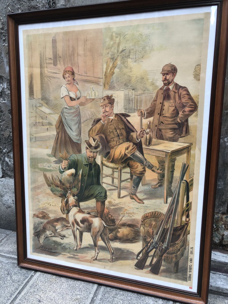 GRANDE affiche lithographique XIXe RETOUR DE CHASSE signée LENFER et CAMIS Imprimeur chasseur